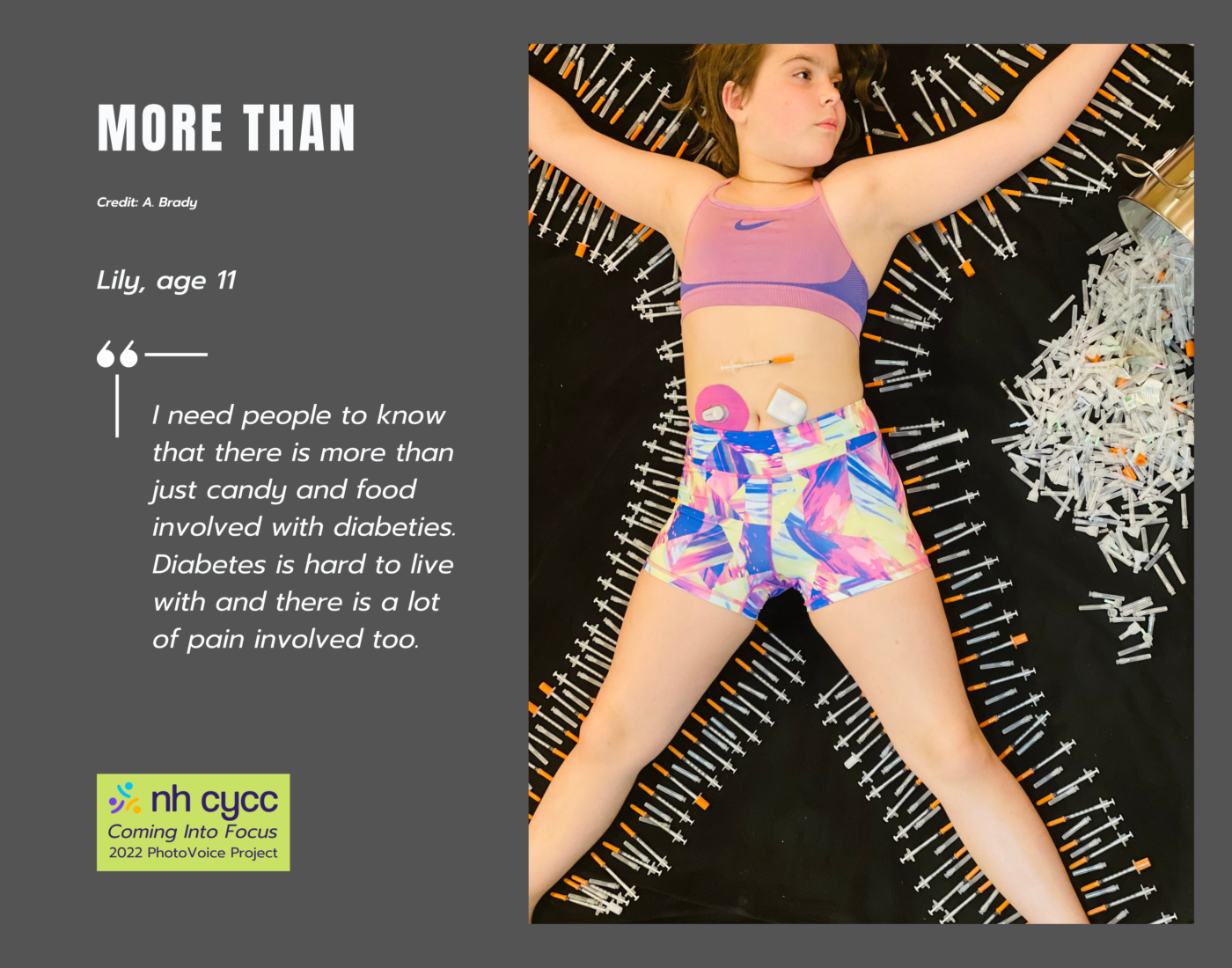 A photo of a girl in short leggings surrounded by insulin needles mapping out her body outline. There is text on the left side of picture. 