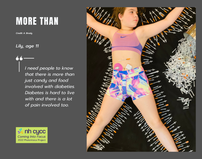 A photo of a girl in short leggings surrounded by insulin needles mapping out her body outline. There is text on the left side of picture.