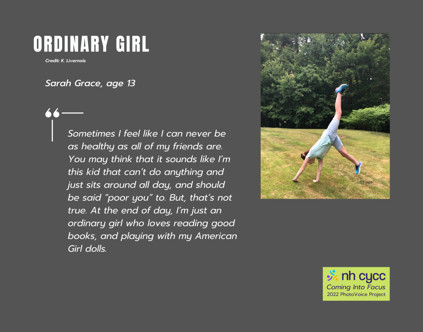 A young girls in shorts and tshirt doing a cartwheel on grass. Text is shown left of the picture 